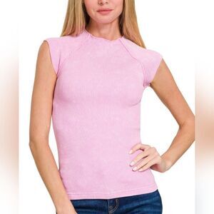 Zenana Washed Ribbed Seamless Top Pink Women's Ribbed Summer Top Cap Sleeve